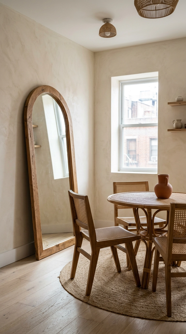 Tall arched oak framed mirror leaning against the wall in a light boho dining room with rattan table