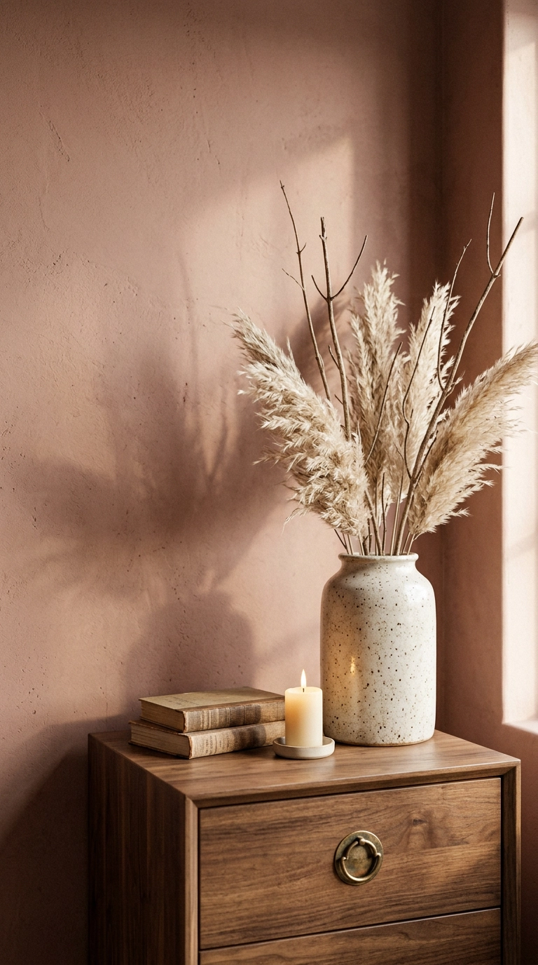 Dried bleached pampas grass and bare branches in a speckled ceramic vessel on a boho dining sideboard