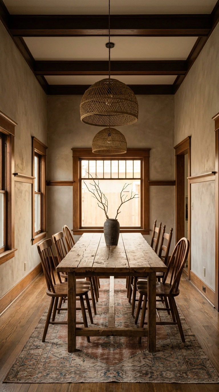Two woven seagrass dome pendants hung in line over a long reclaimed elm boho dining table