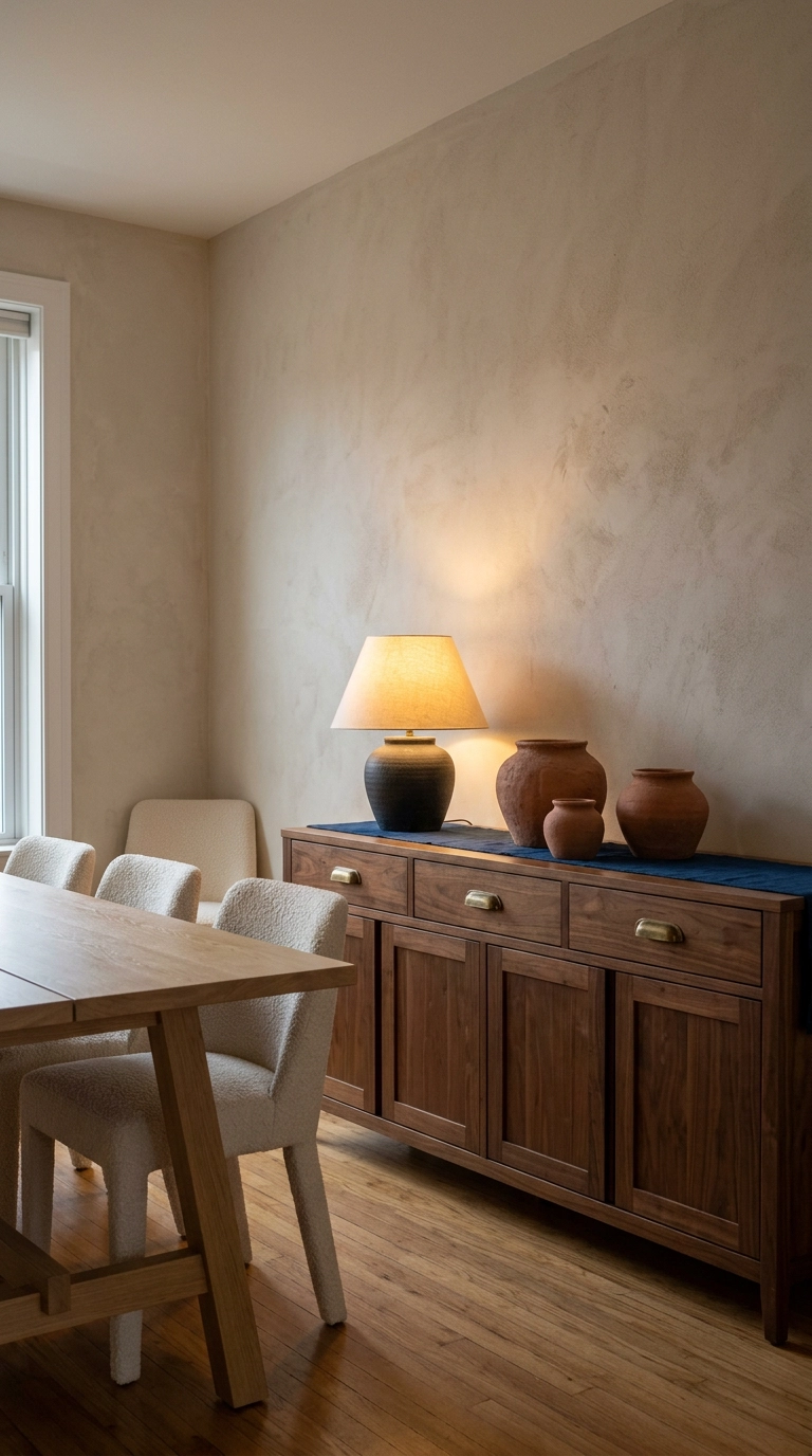 Terracotta vessels on a walnut sideboard in an oatmeal boho dining room with an indigo runner