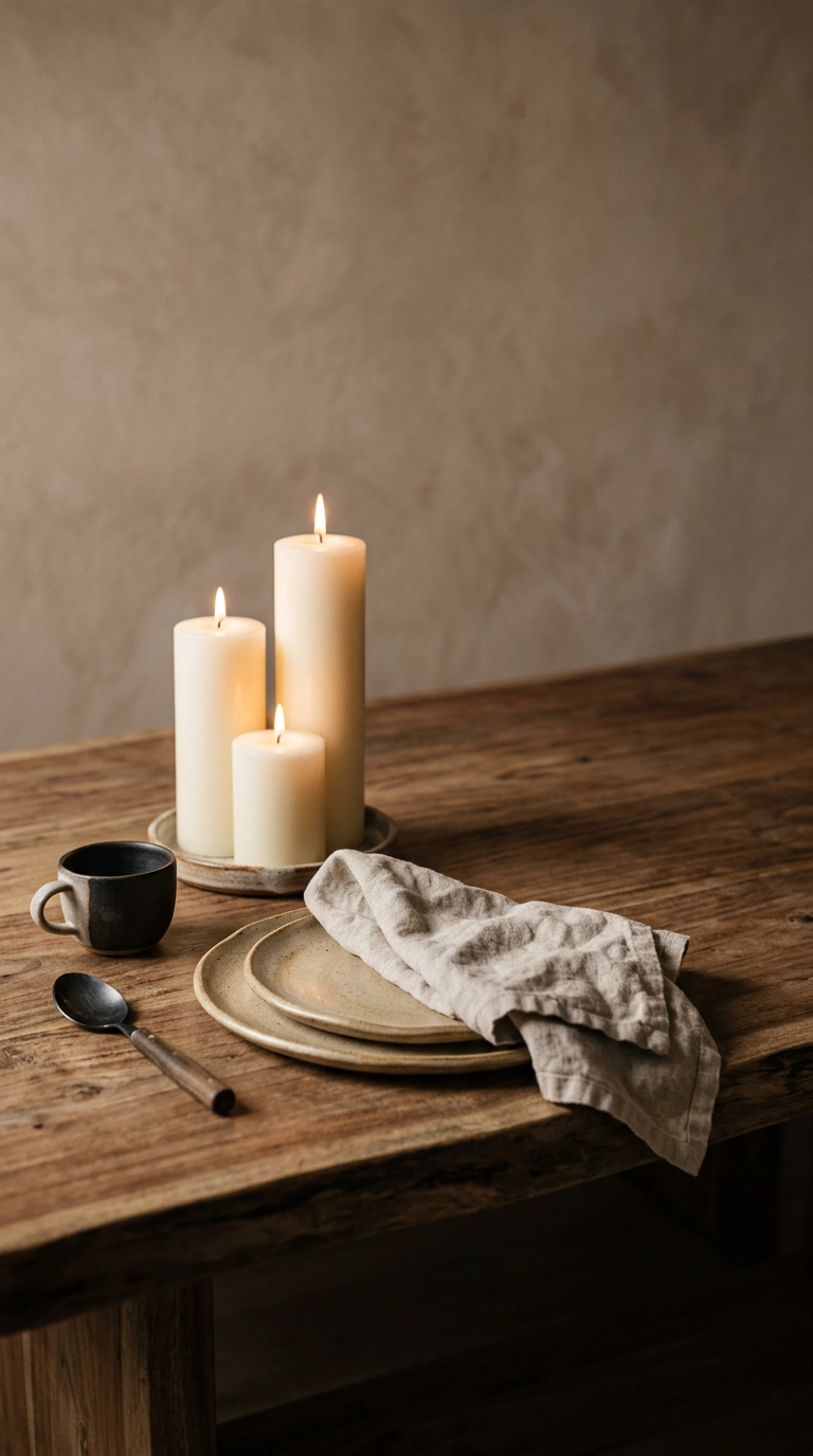 Three ivory pillar candles in staggered heights grouped on a raw edge acacia boho dining table