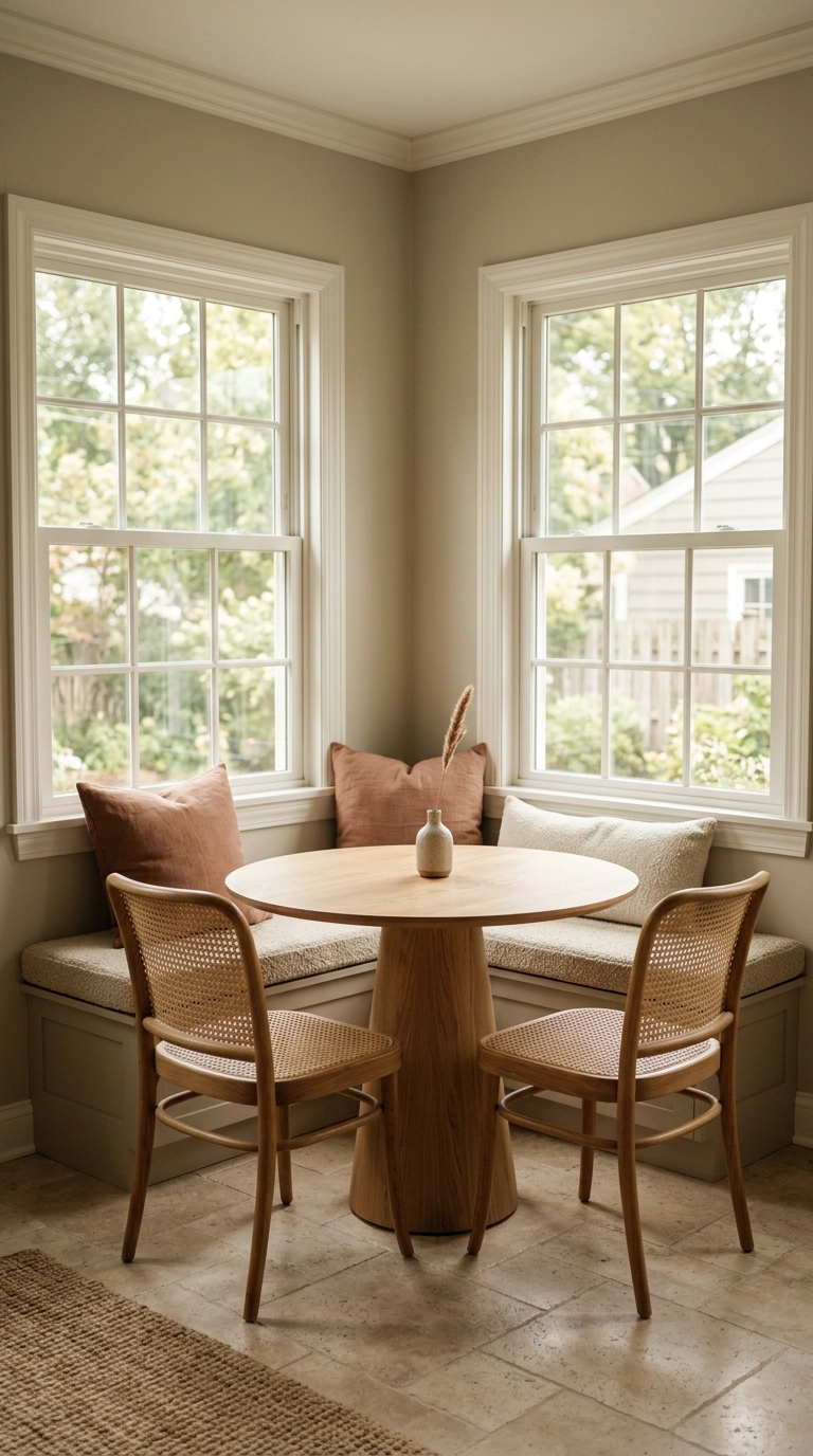 L-shaped built-in banquette with oatmeal cushion in a corner boho dining nook with round oak table