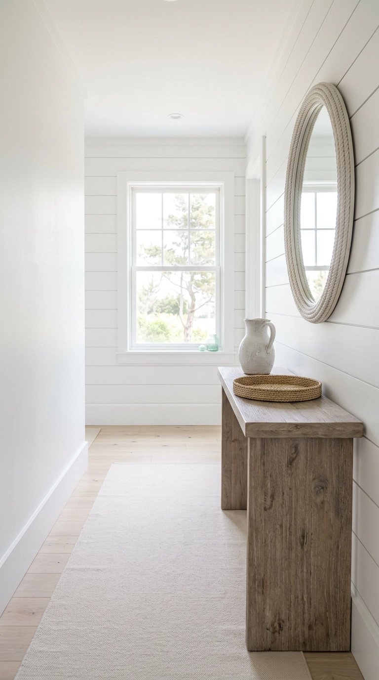 Coastal boho hallway with bleached oak console, rope-framed round mirror and shiplap walls