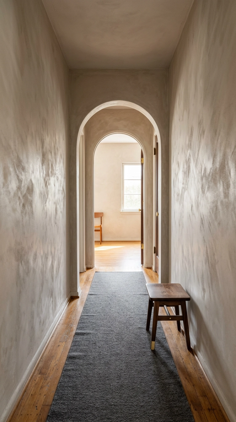 Mushroom taupe limewash plaster walls in a narrow boho hallway with an arched opening