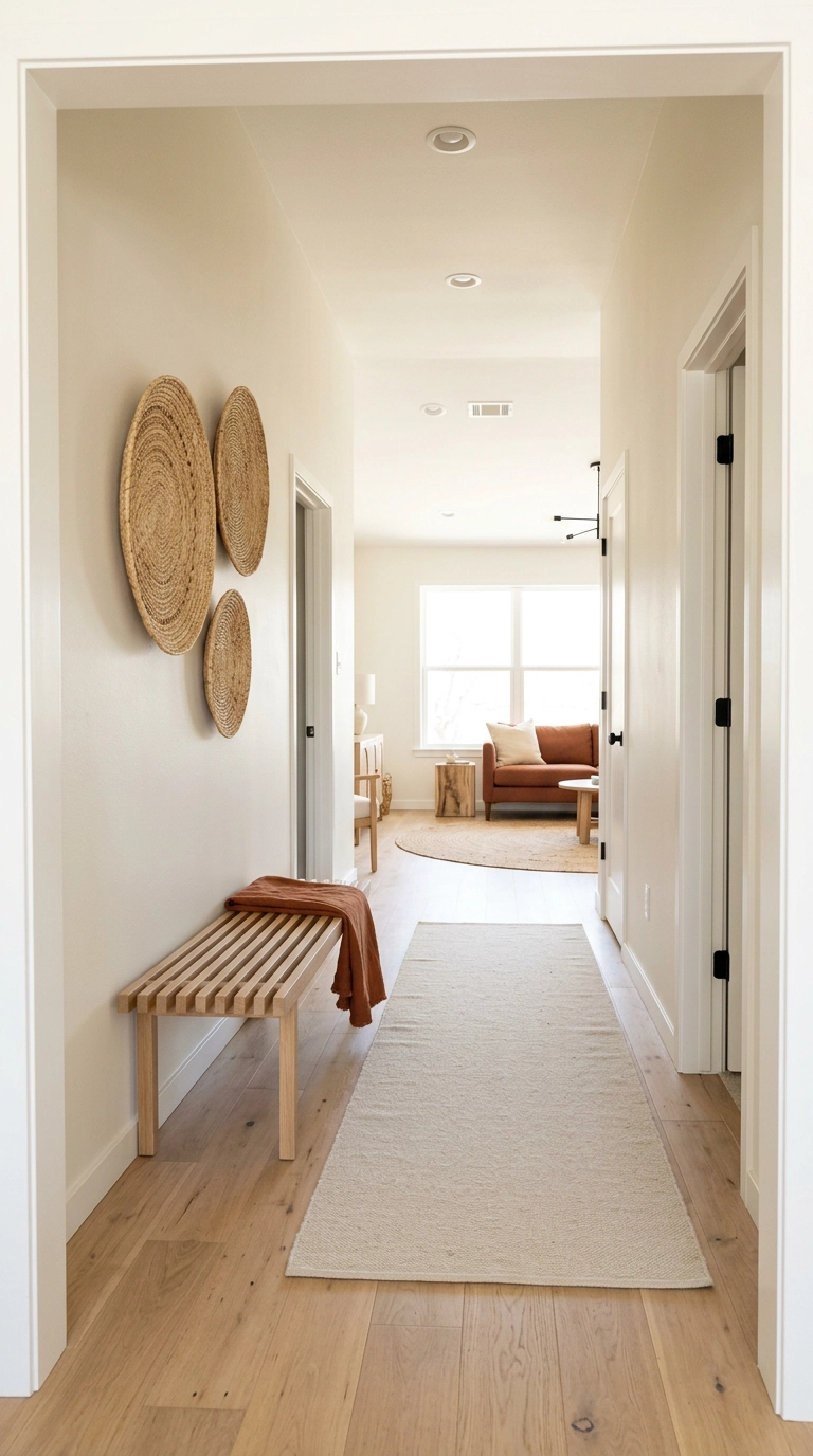 Three flat woven raffia wall plates above a slatted oak bench in a cream boho hallway