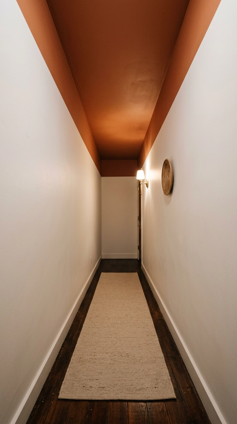Warm clay terracotta painted ceiling above bone white walls in a narrow boho hallway