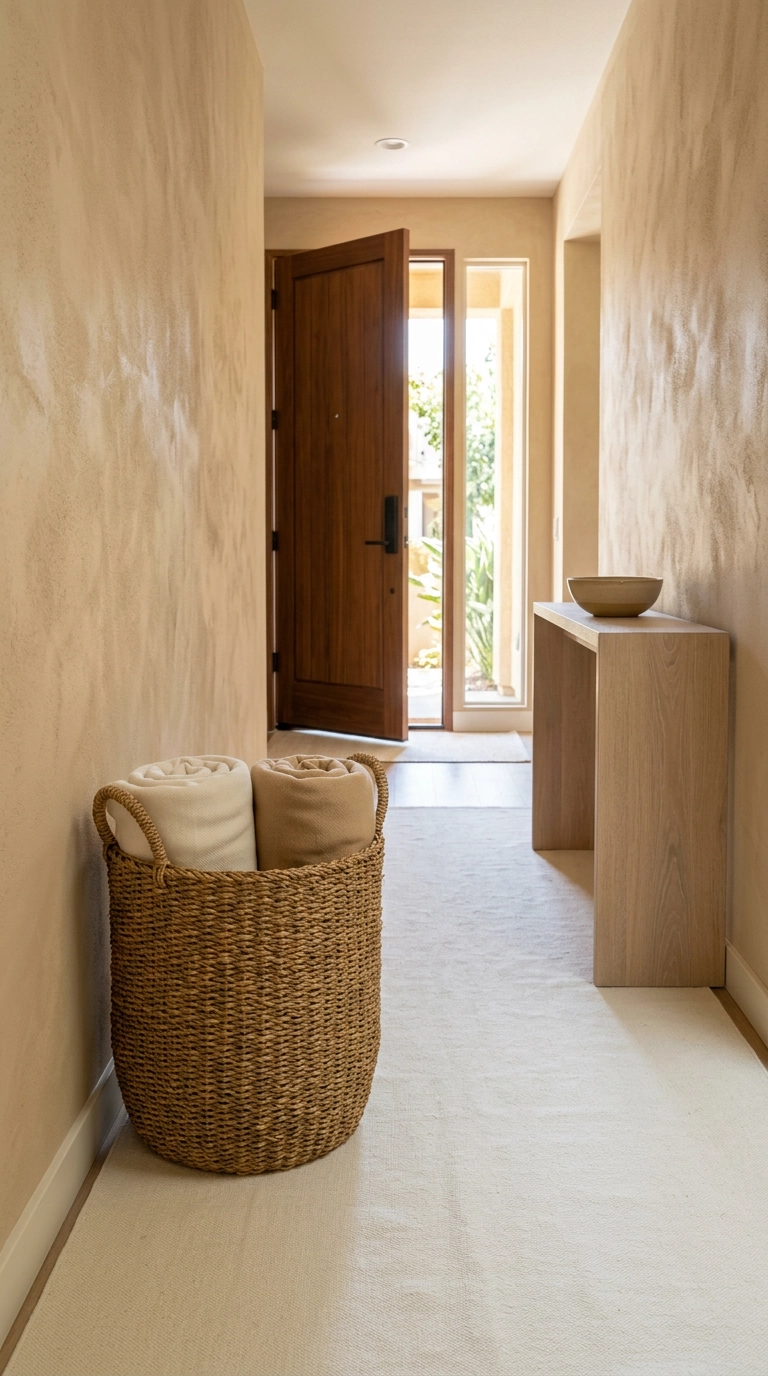 Single tall seagrass floor basket with rolled blankets in a sandy beige boho hallway