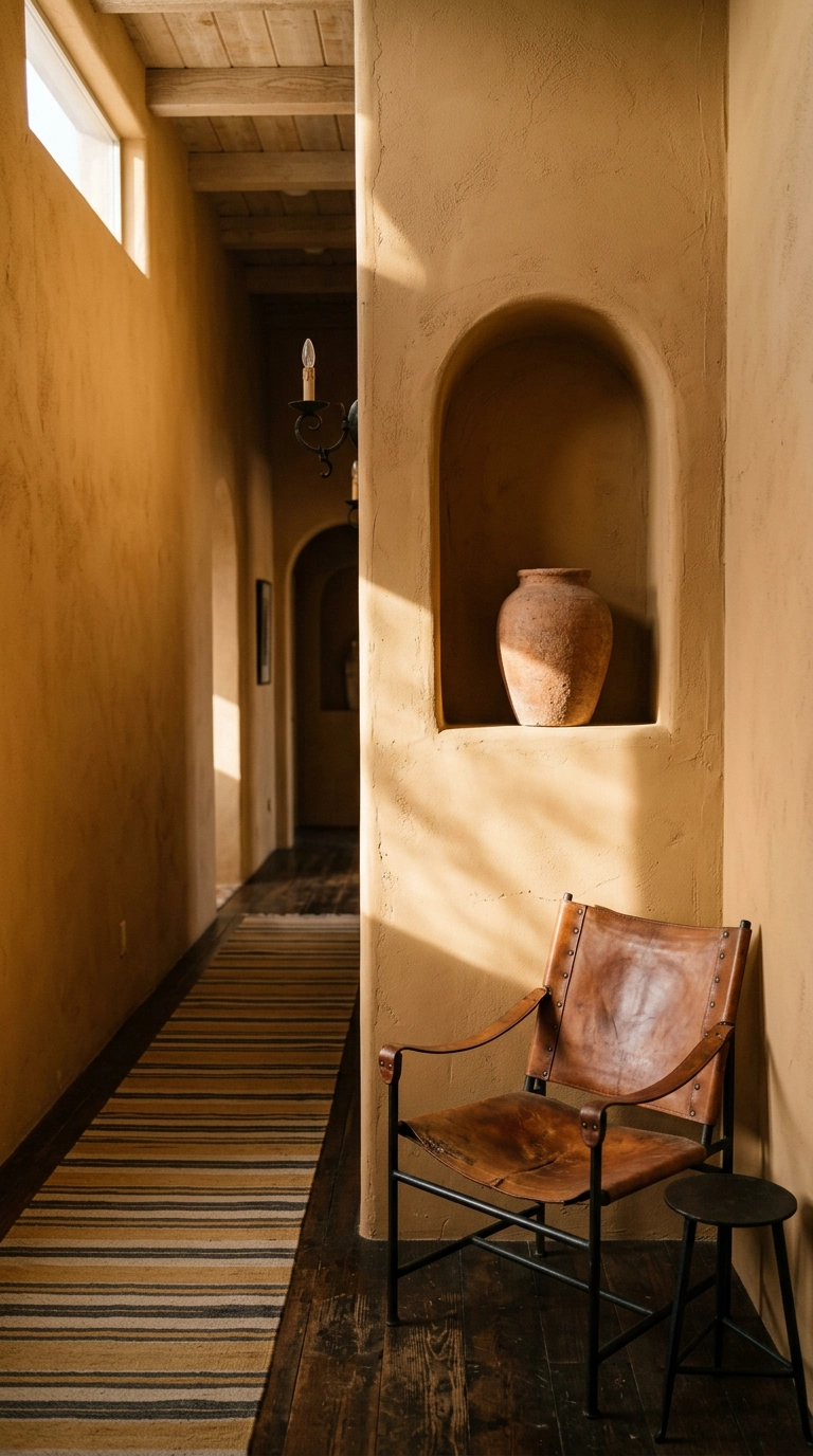 Desert boho hallway in ochre clay with a saddle leather sling chair and arch niche
