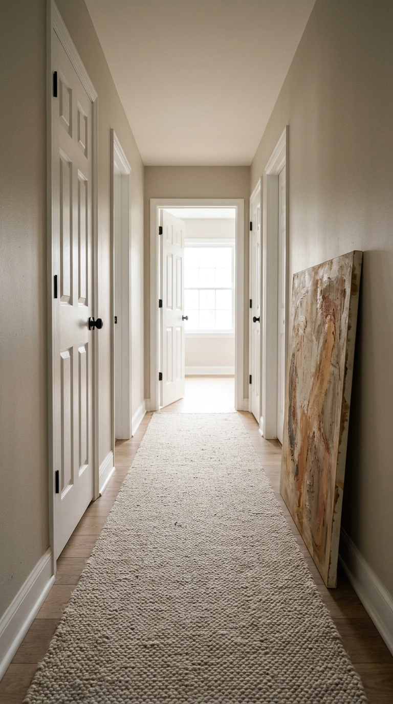 Minimal boho hallway with one oatmeal runner and a single leaning abstract canvas