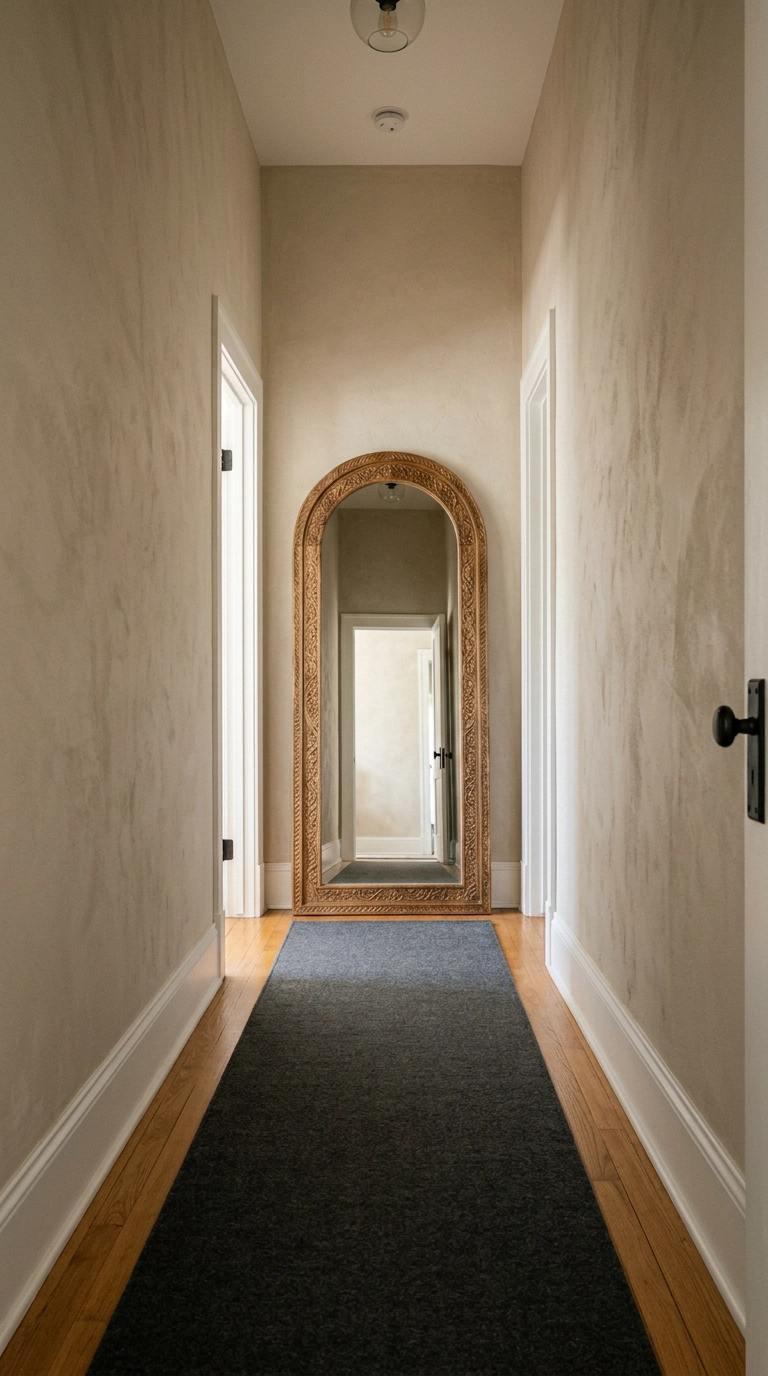 Tall arched carved wood mirror leaning at the end of a narrow boho hallway with oat plaster walls