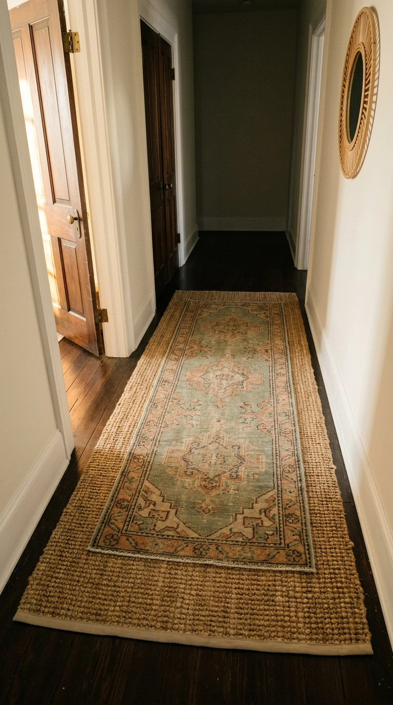 Small vintage sage and terracotta runner layered over a plain jute runner in a boho hallway