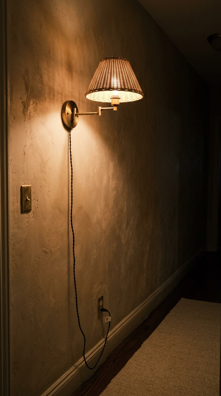 Plug-in swing-arm sconce with woven rattan shade glowing on a putty plaster boho hallway wall