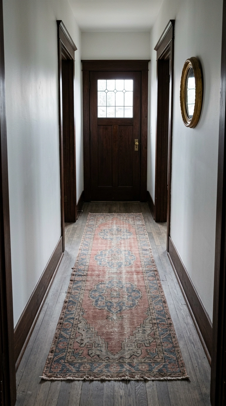Faded dusty rose and slate blue Persian-style runner in a cool-toned boho hallway
