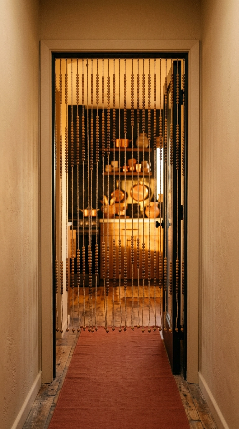 Natural wooden bead curtain hanging in a boho hallway doorway backlit by golden light