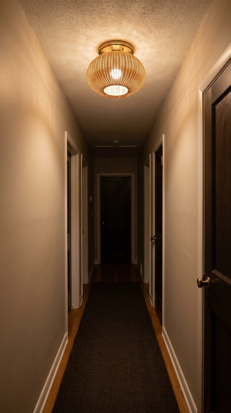 Woven rattan flush mount ceiling light glowing warm in a putty beige boho hallway