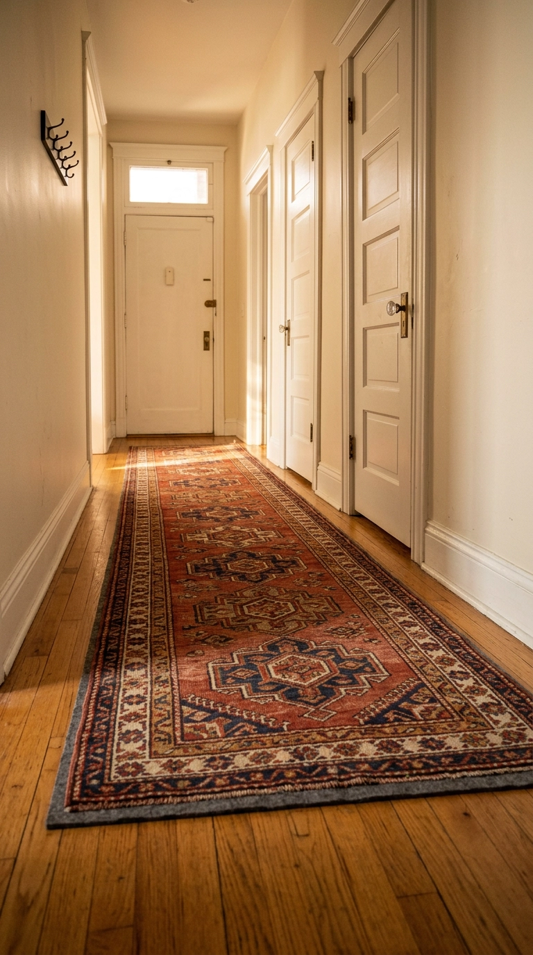 Vintage rust and indigo kilim runner rug down a narrow boho hallway with bone white walls