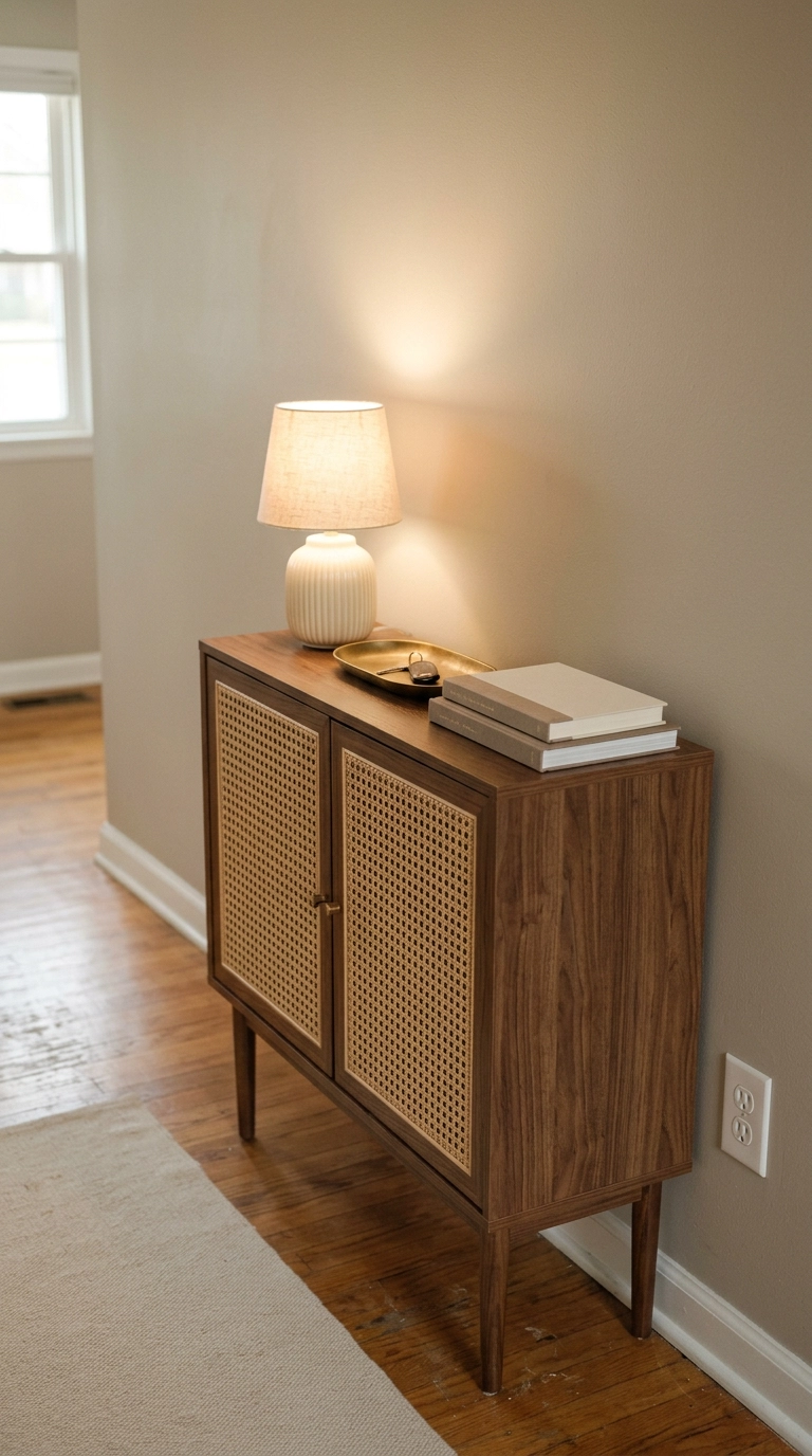 Narrow walnut and cane webbing console table 11 inches deep in a greige boho hallway