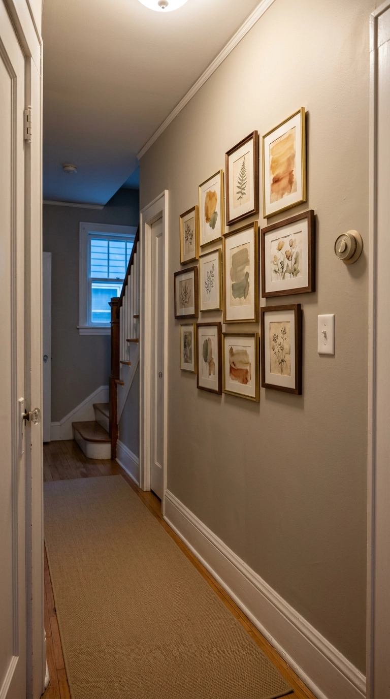 Thrifted mismatched gallery wall of small framed art stopping short of a hallway light switch
