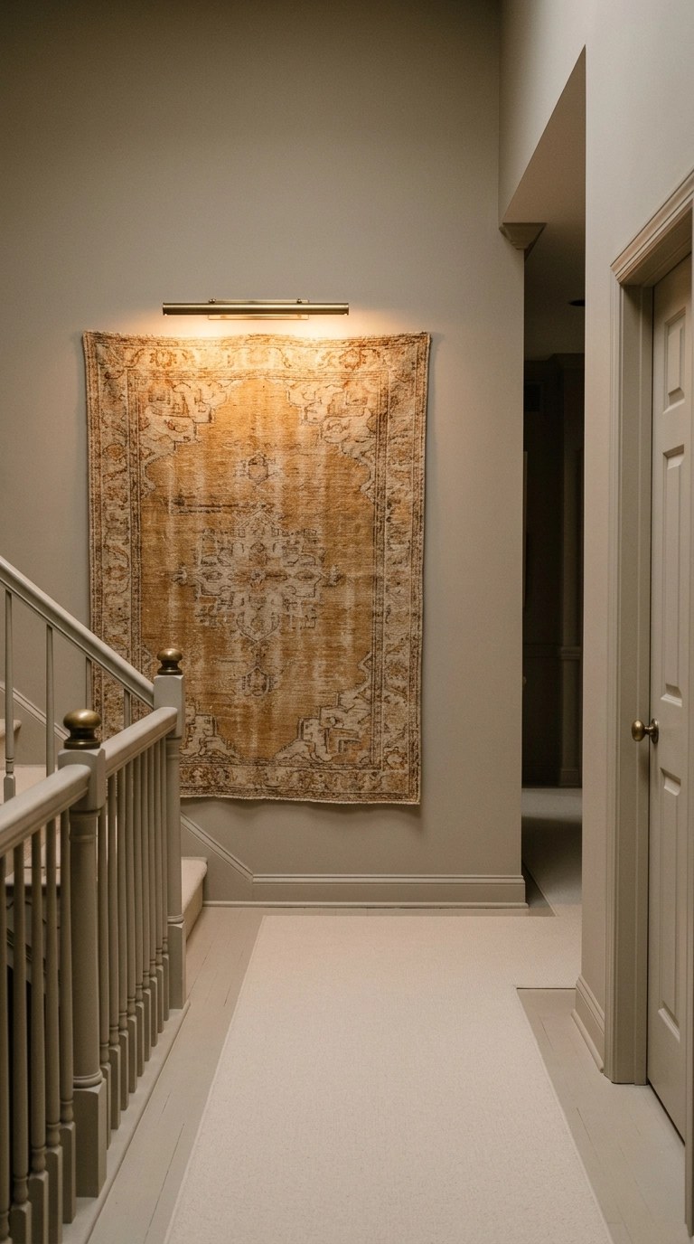 Vintage ochre and ivory woven textile lit by a slim brass picture light in a boho hallway
