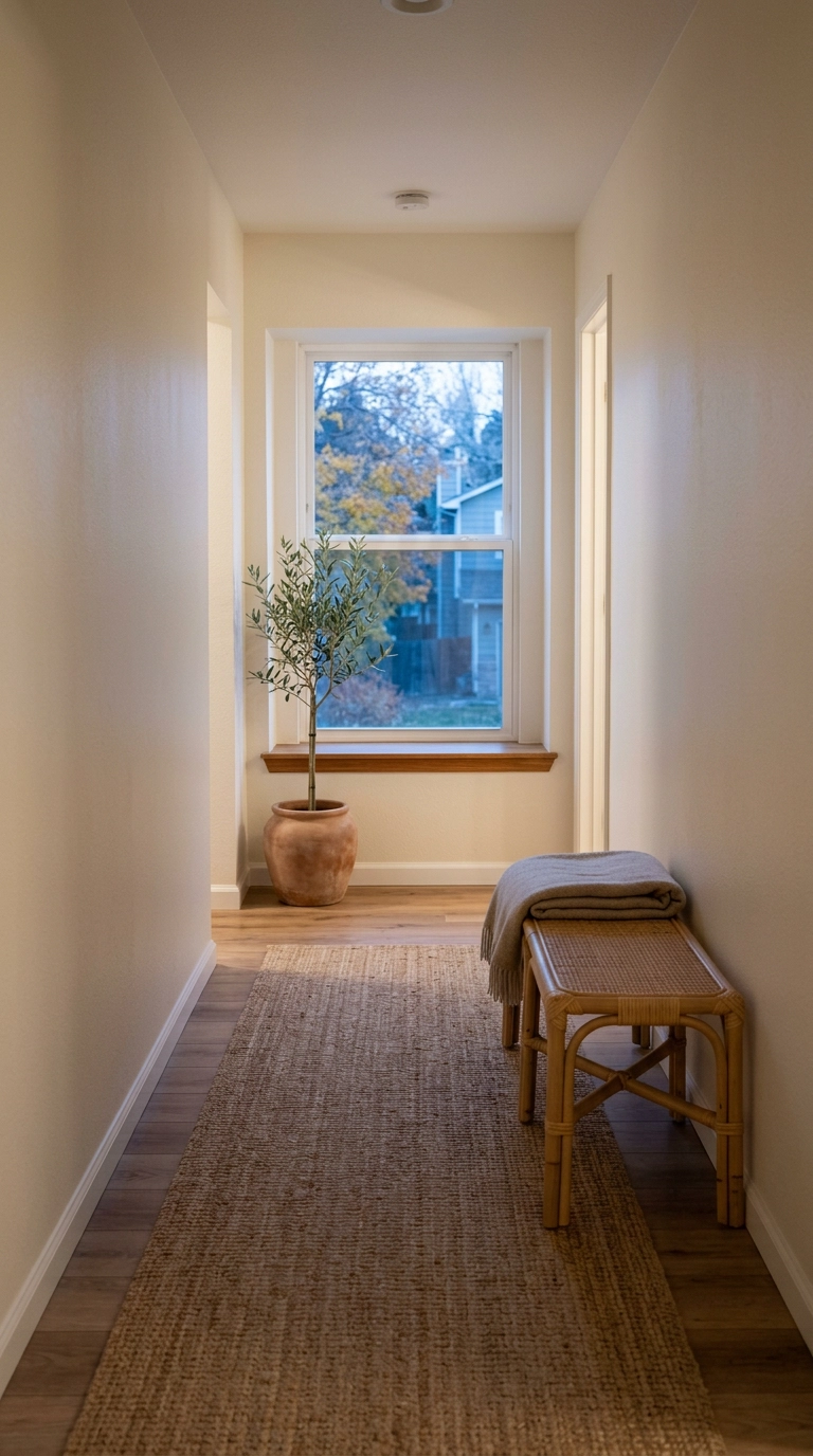 Single olive tree in a terracotta pot at the end of a boho hallway with a rattan bench