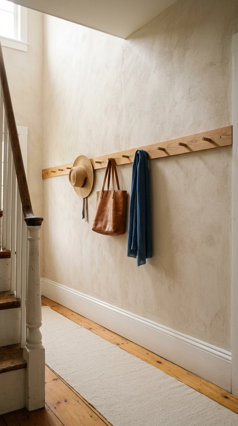White oak Shaker peg rail with a straw hat and leather tote in an oatmeal boho hallway