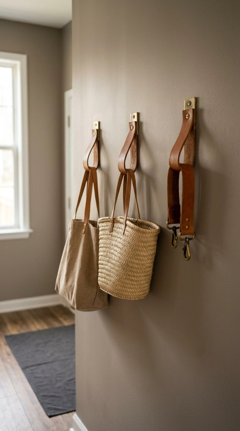 Caramel leather strap wall hooks with brass plates holding a straw bag in a boho hallway