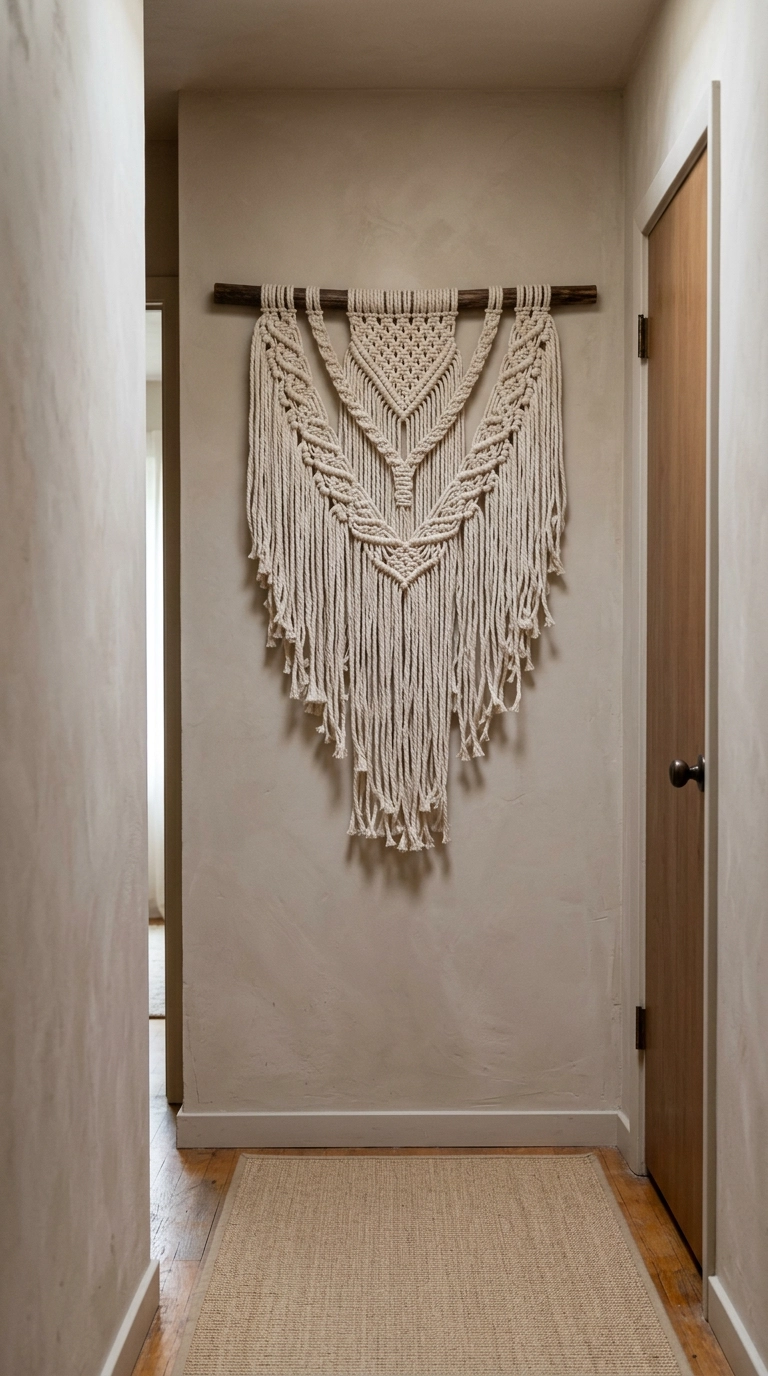 Large hand-knotted cotton rope wall hanging above head height in a clay beige boho hallway