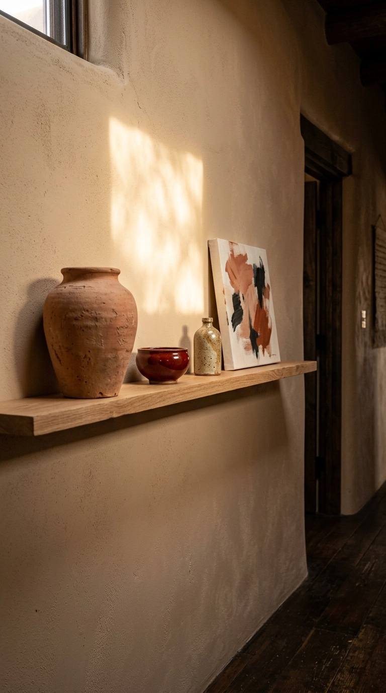Narrow oak ledge with unglazed terracotta urn and oxblood earthenware in a clay boho hallway