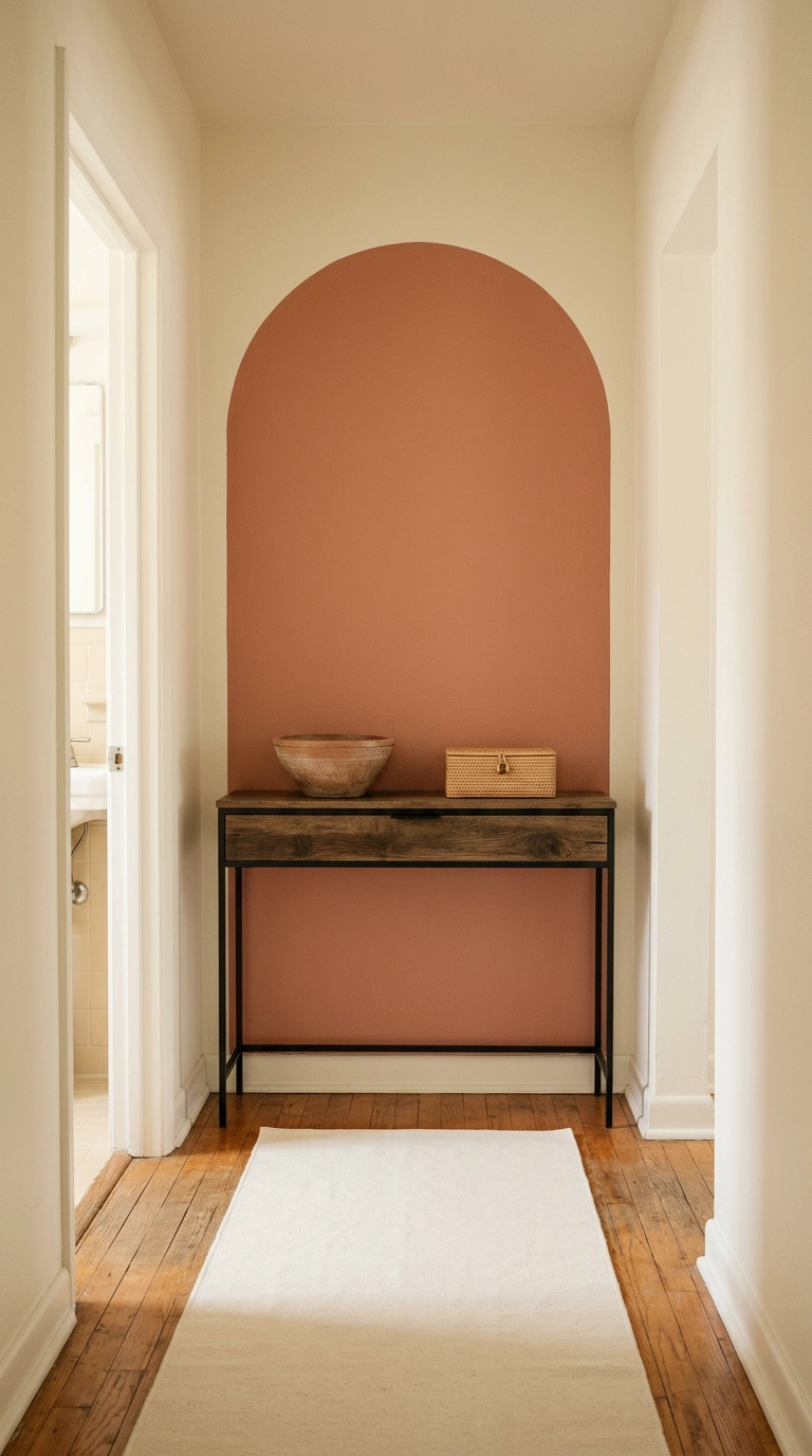 Muted terracotta painted arch behind a slim elm console in a cream boho hallway