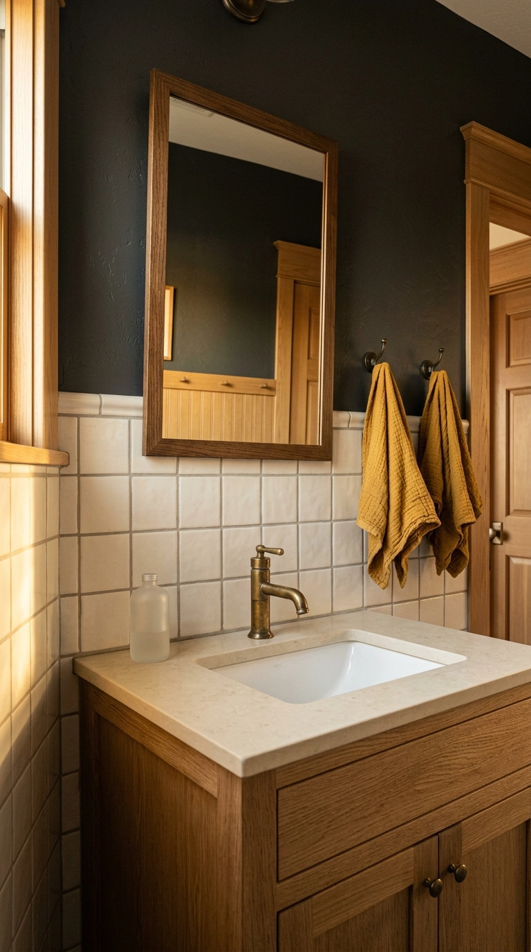 White tile wainscot to 48 inches with a charcoal painted wall above in a shared boys' bathroom