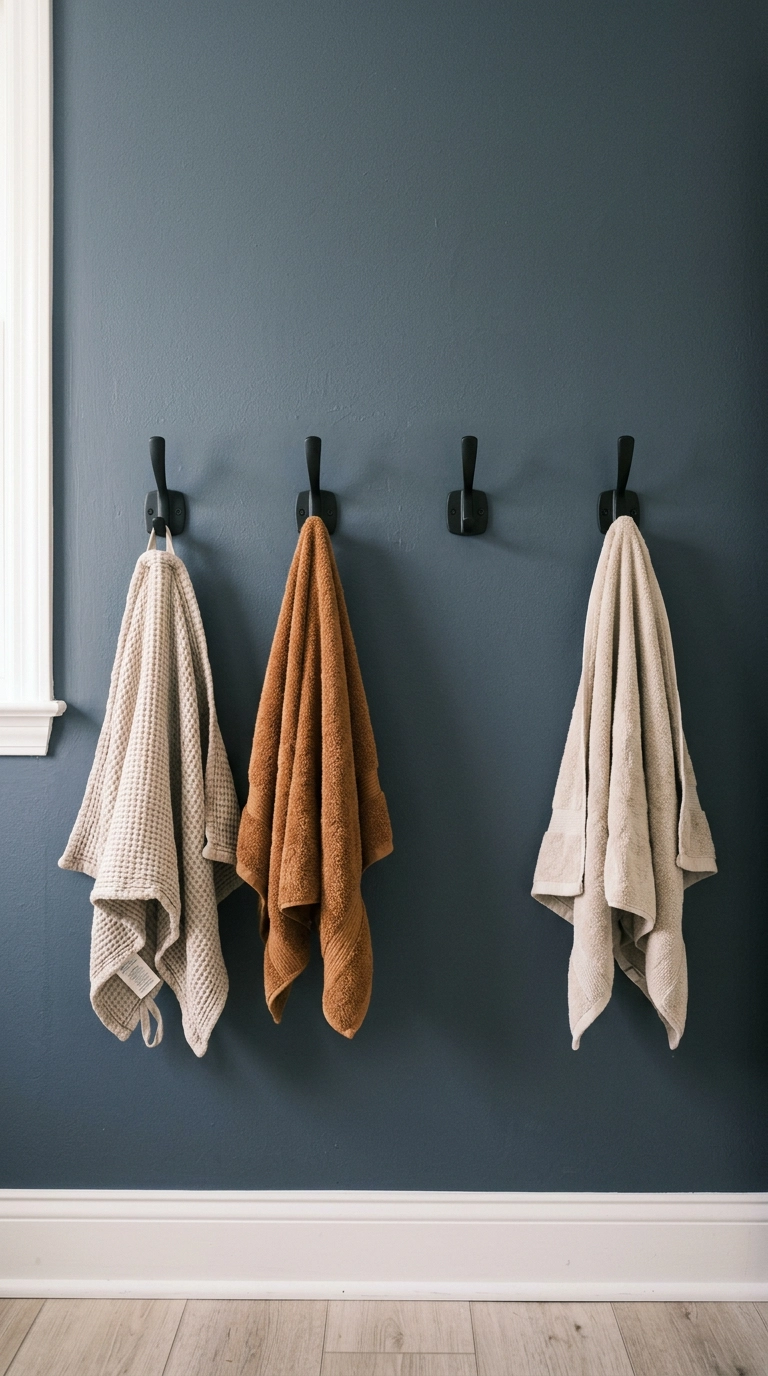 Four matte black hooks on a slate blue bathroom wall with three towels hung at kid height