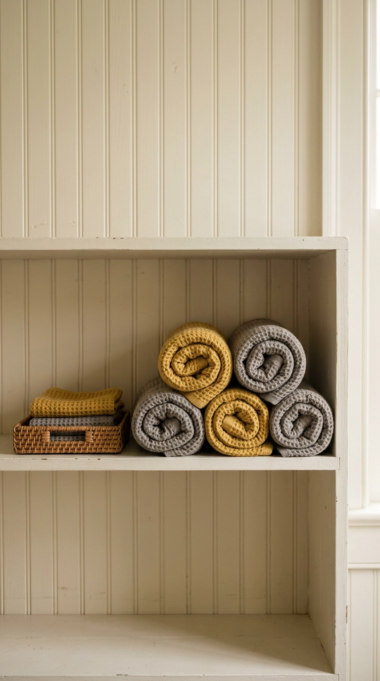 Four rolled waffle towels in mustard and grey on a white shelf against beadboard paneling