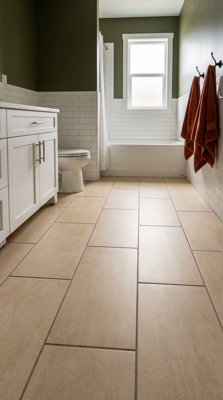 Warm sand large-format porcelain floor tile with dark taupe grout in a kids' bathroom
