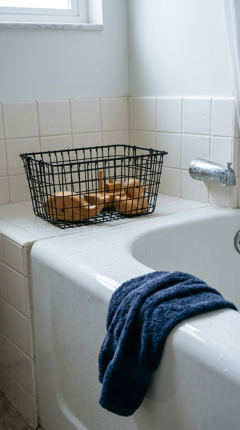 Open wire mesh basket with three wooden bath toys on the deck of a white tub