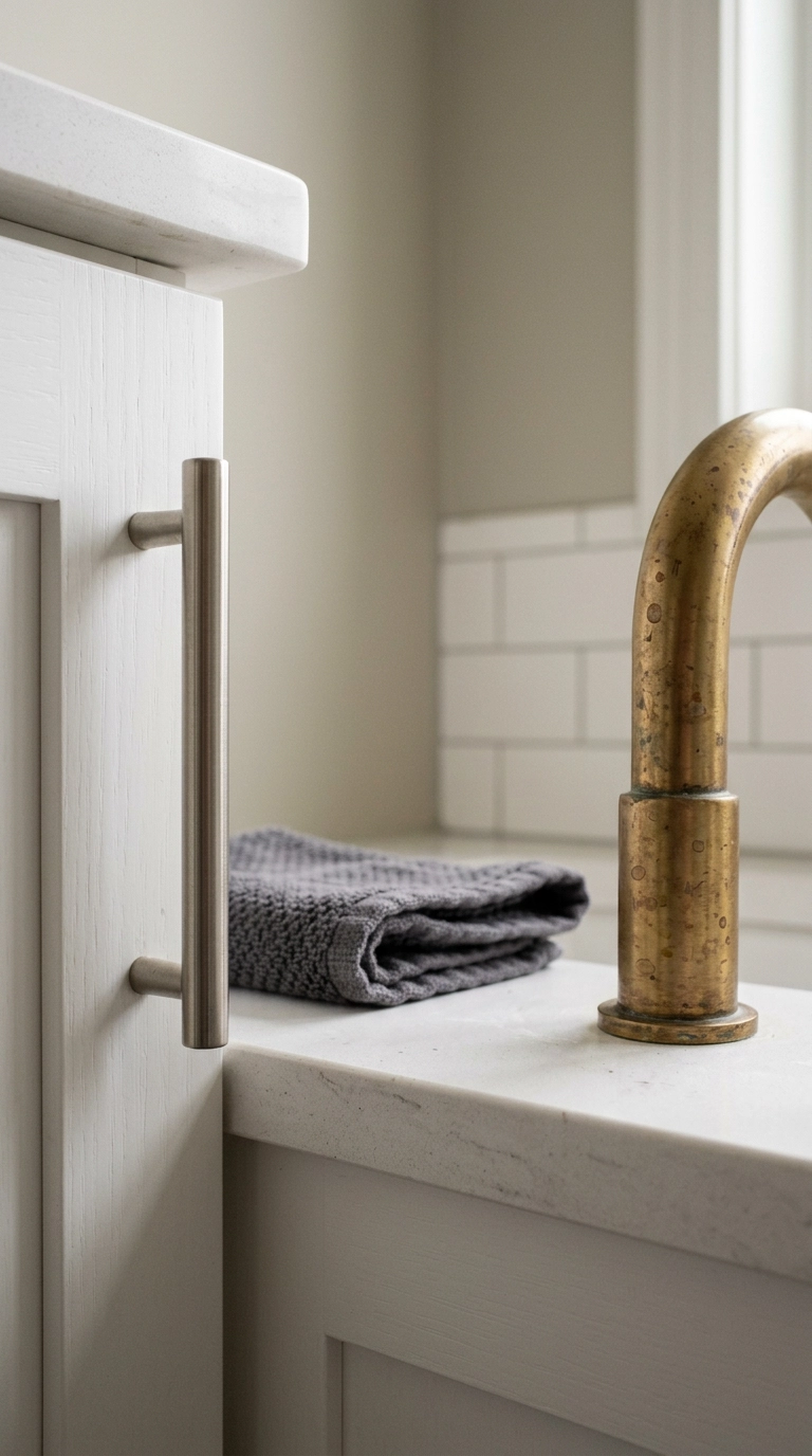 Brushed nickel cabinet pull and patinated brass faucet on a white vanity with quartz top