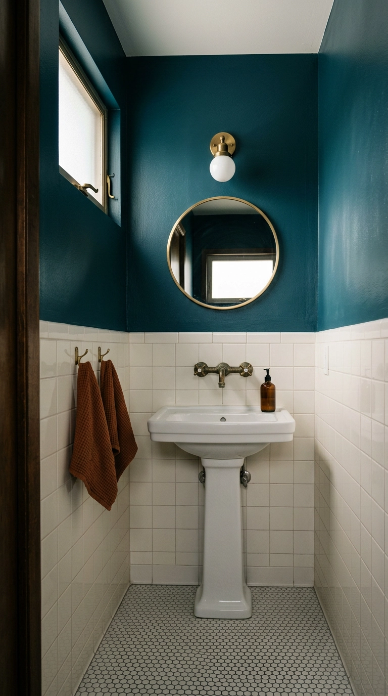 Deep teal painted upper walls above plain white tile in a small kids' bathroom