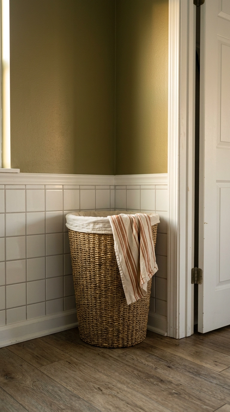 Tall woven seagrass hamper in the corner of an olive green kids' bathroom