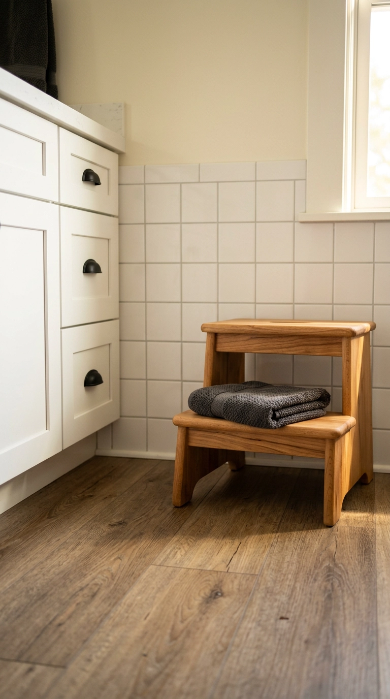 Oiled beech two-step stool beside a white vanity in a kids' bathroom with tile wainscot