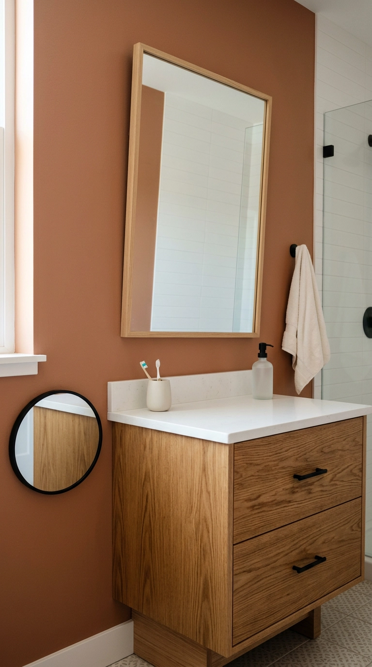 Large oak-framed mirror above a vanity with a smaller round mirror mounted lower for a child