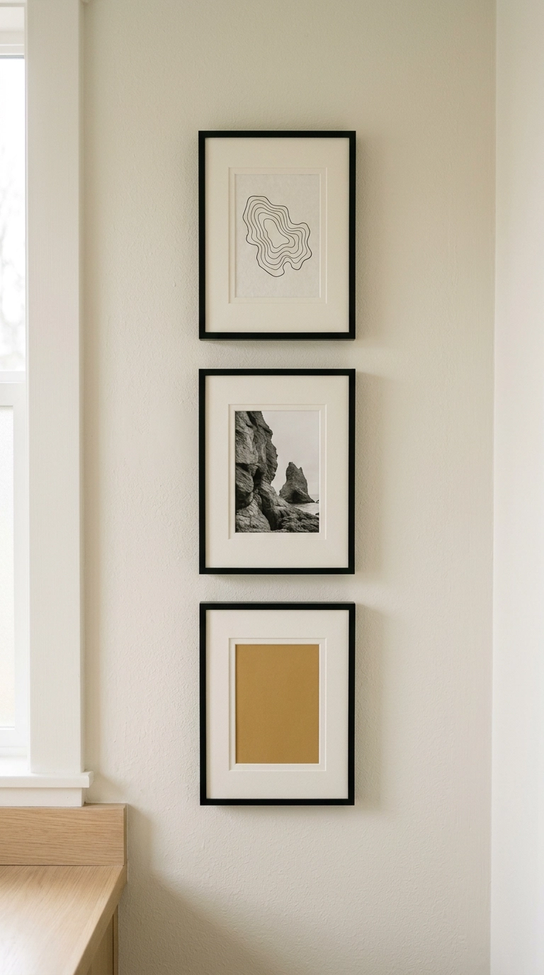 Three small black-framed abstract art pieces in a vertical column on a bone white bathroom wall