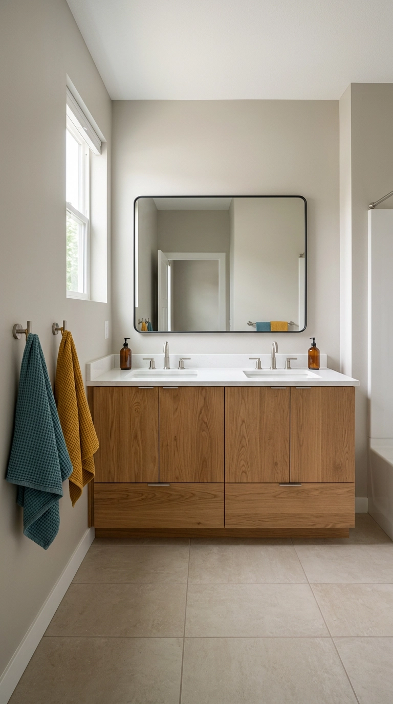 Sixty-inch white oak double vanity with two brushed nickel faucets in a shared boys' bathroom
