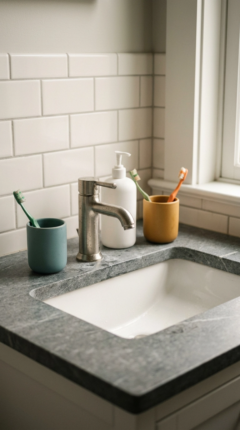 Shared bathroom counter with two ceramic toothbrush cups in teal and mustard flanking the faucet