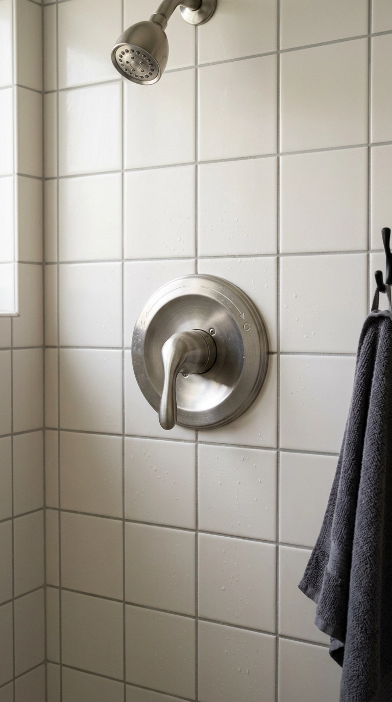 Brushed nickel single-handle shower valve on white tile in a kids' bathroom