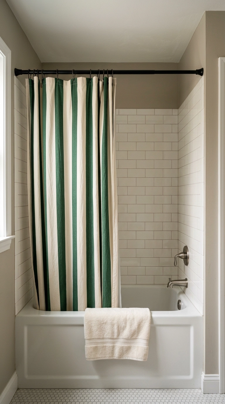 Cream and forest green striped shower curtain on a black ceiling-height rod above a white tub