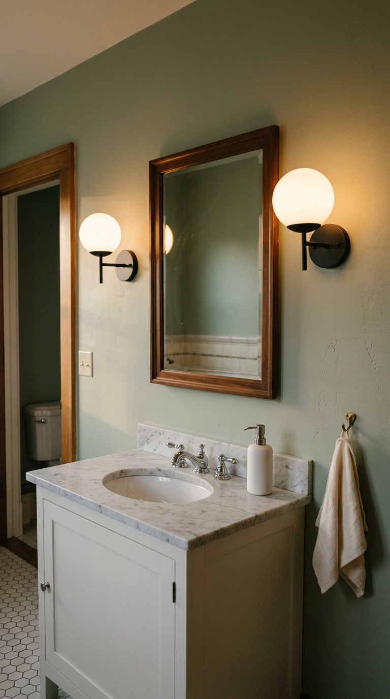 Two black sconces with opal glass globes flanking a mirror in a sage green kids' bathroom