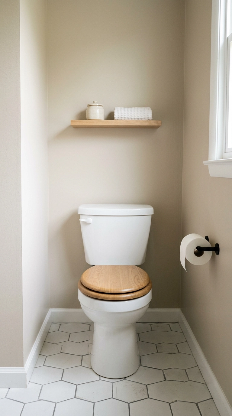 White toilet with a low black paper holder and a small oak shelf above in a putty-colored bathroom