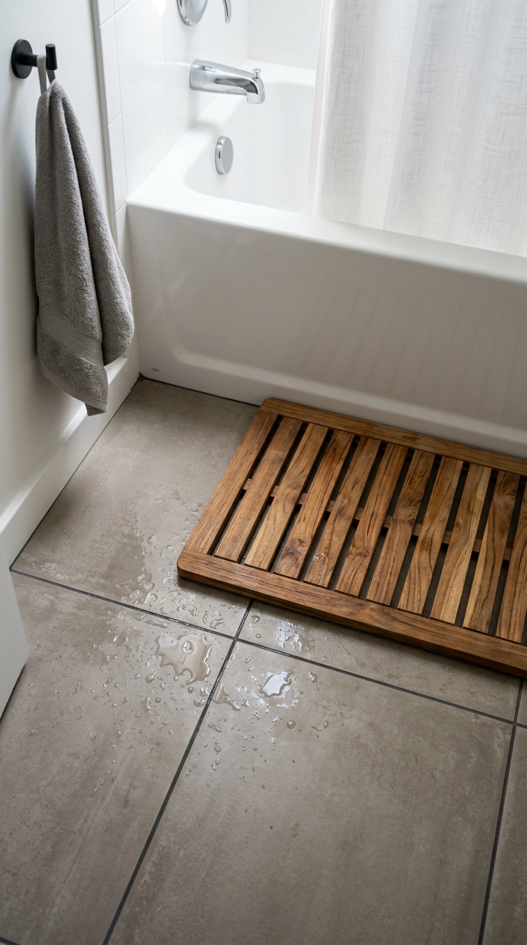 Slatted teak bath mat on warm greige porcelain tile with water droplets beside a white tub