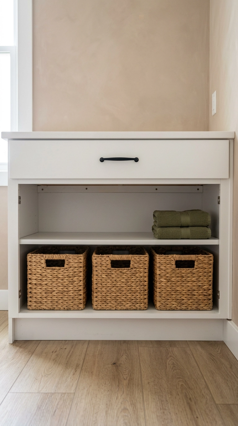 Low open bathroom shelf with three woven seagrass bins and folded olive washcloths