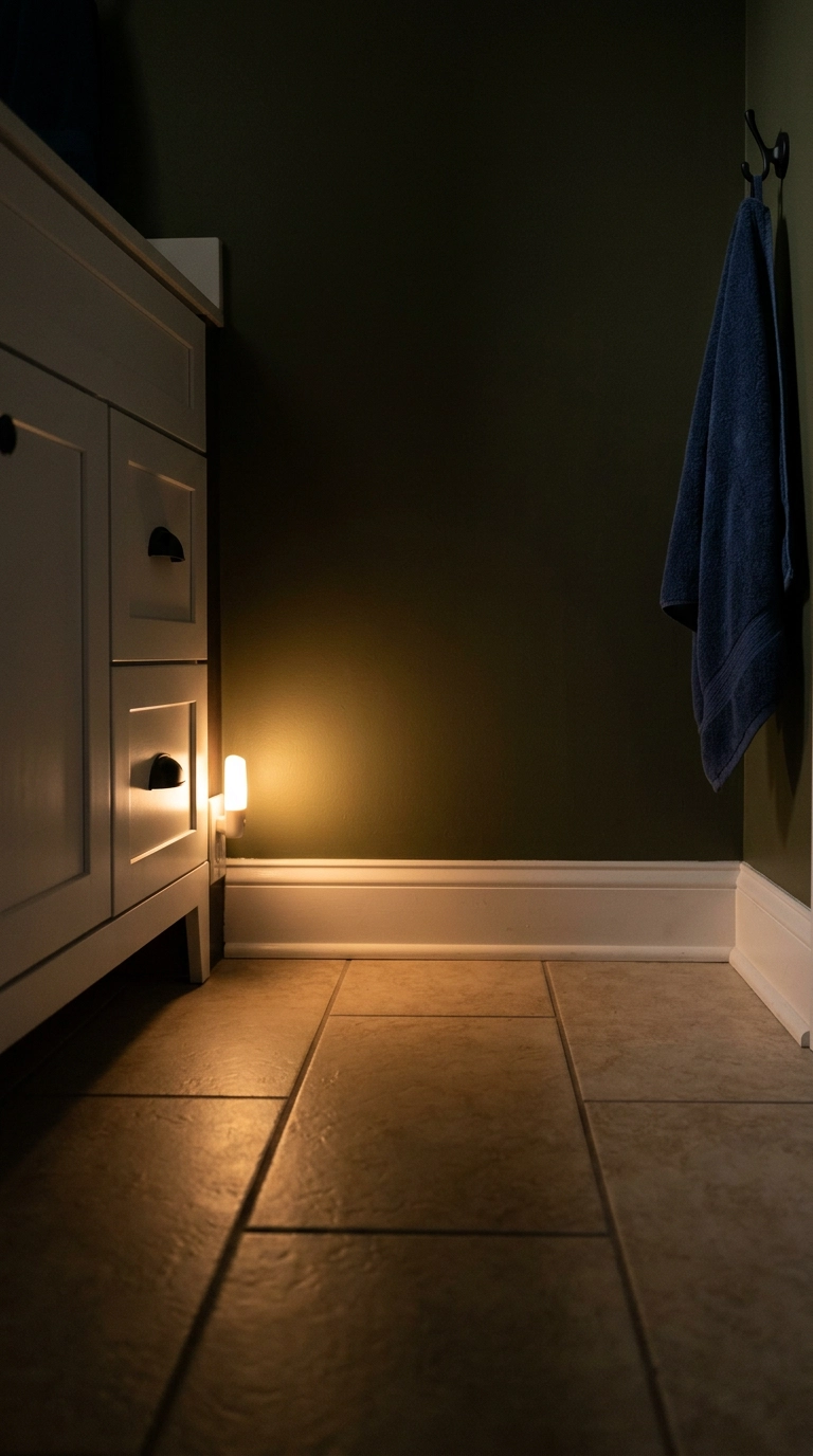 Warm amber night light glowing low across sand porcelain bathroom tile at night