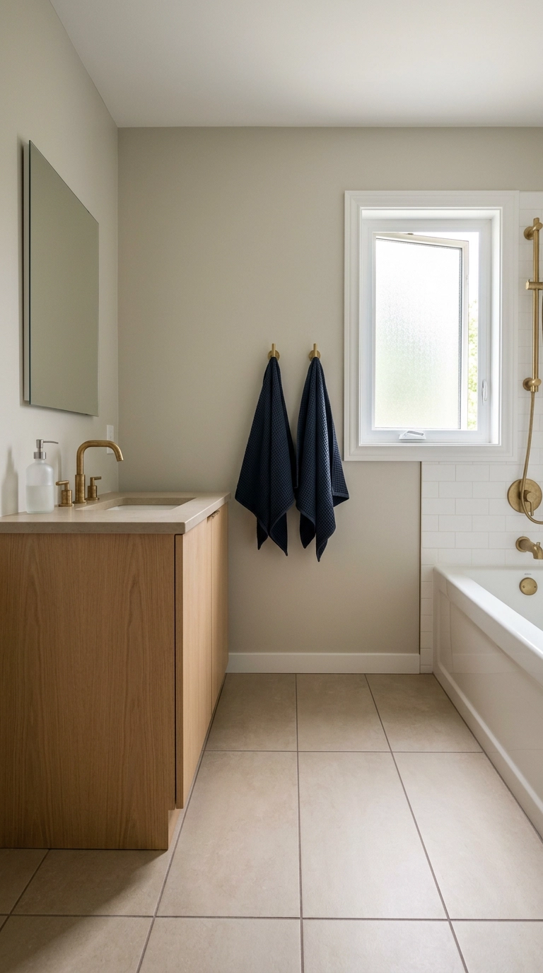 Neutral shared boys' bathroom with warm greige walls, sand porcelain tile, and two navy towels on hooks